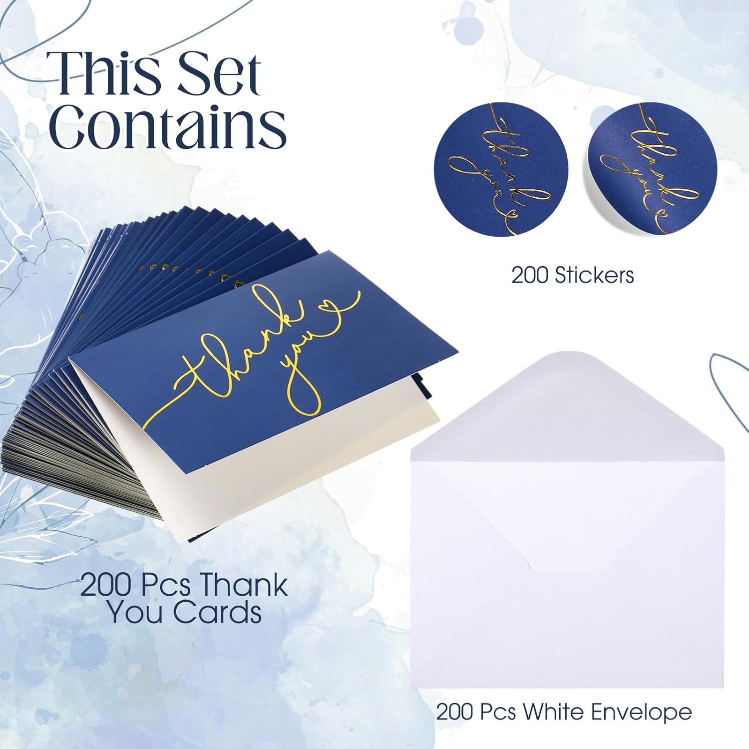 Gueevin 200 Pcs Thank You Cards with Envelopes & Foiled Stickers Bulk 3. 5 x 5 Inch Greeting Cards Foiled Thank You Notes for Wedding, Bridal Shower, Business, Graduation and More(Navy Blue) - Image 2