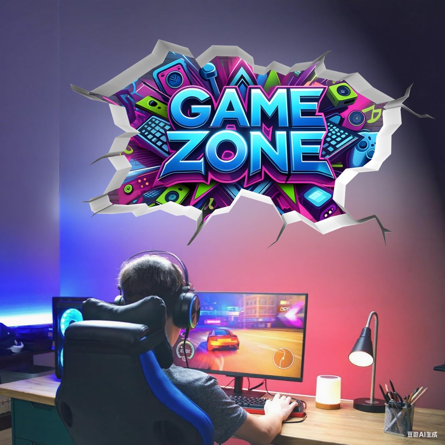 TOARTi Blue Gamer Zone Wall Stickers Gaming Vinyl Wall Decal 3D Gamer Bedroom Accessories,Gaming Vinyl Wall Decal,Gaming Wall Stickers,Video Game Removable Wall Art playroom Decor for Teens - Image 4
