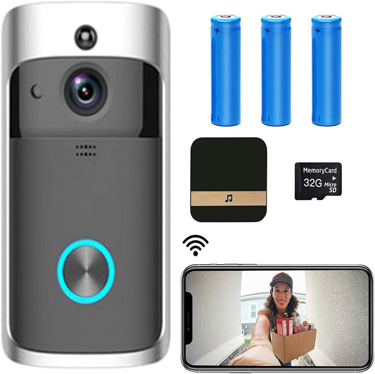 Crazy Deals 【2021 Upgrade】 WiFi Smart Video Doorbell Camera,720P HD Wireless Remote Home Security Doorbell with Indoor Chime, 2-Way Audio,166°Super Wide-Angle Lens,Motion Detection,Night Vision,32GB SD Card