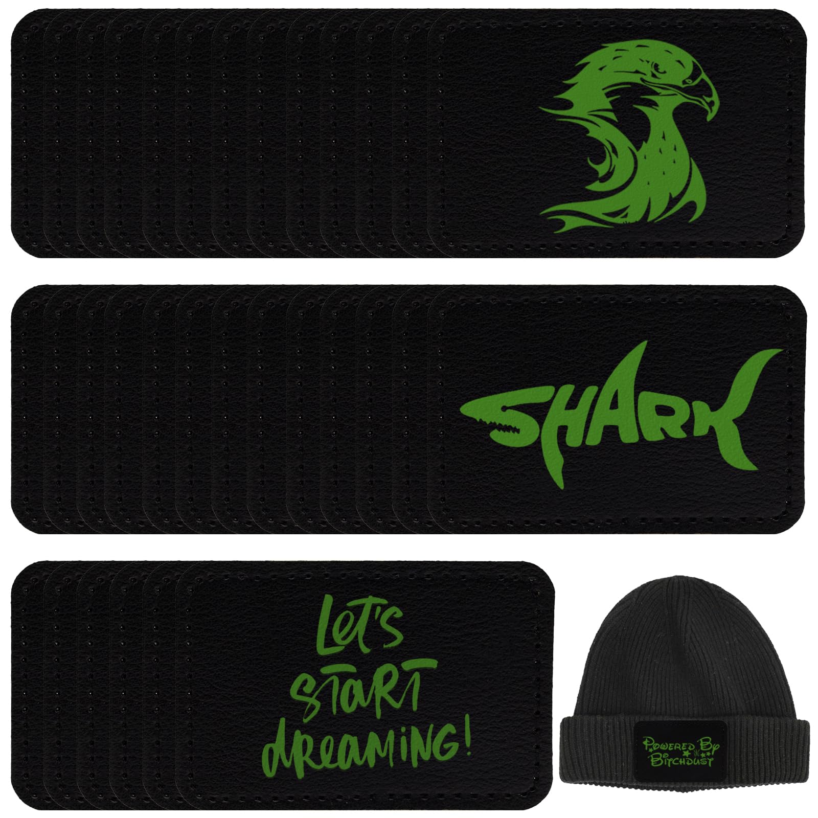 30 Pack Blank Leatherette Hat Patch with Adhesive, Rectangle Laserable Leatherette Patch, Faux Leather Patches for Hats Custom Fabric Repair Sew Laser Supplies (Black Green, 3 x 2 Inches)