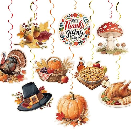 Miniatura 2 de Juego de decoraciones de fiesta de remolinos colgantes de Acción de Gracias, 48 piezas, tema de otoño, calabaza, hoja de arce, pavo, suministros