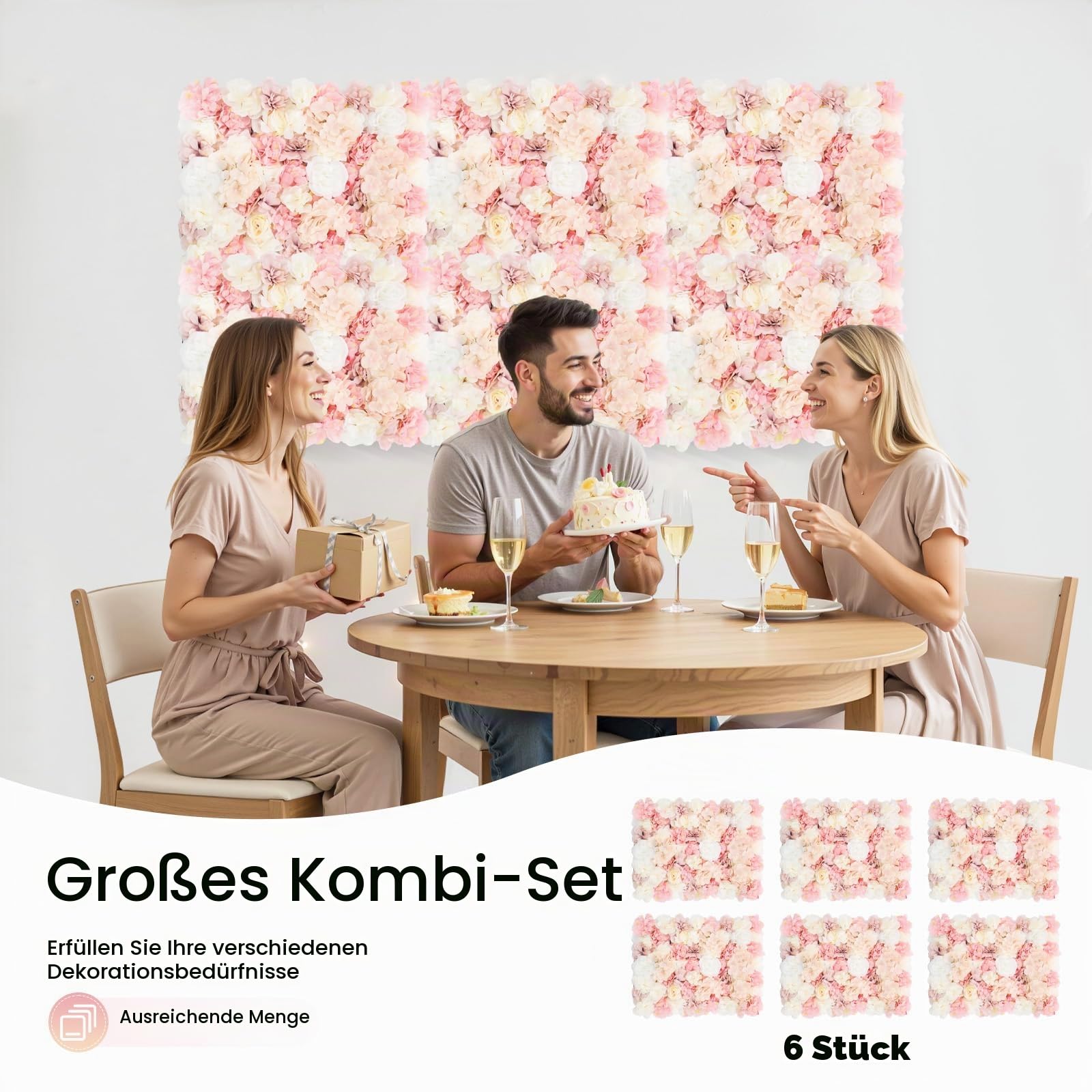 Künstliche Blumen Wand Kunstblumen Blumenwand 6 Stück Realistische Seidenblumen Gesteck mit Hortensien Rosen Dahlien für Hochzeit Dekoration Party Hintergrund Balkon Garten Innen Außen, DIY, 60x40 cm