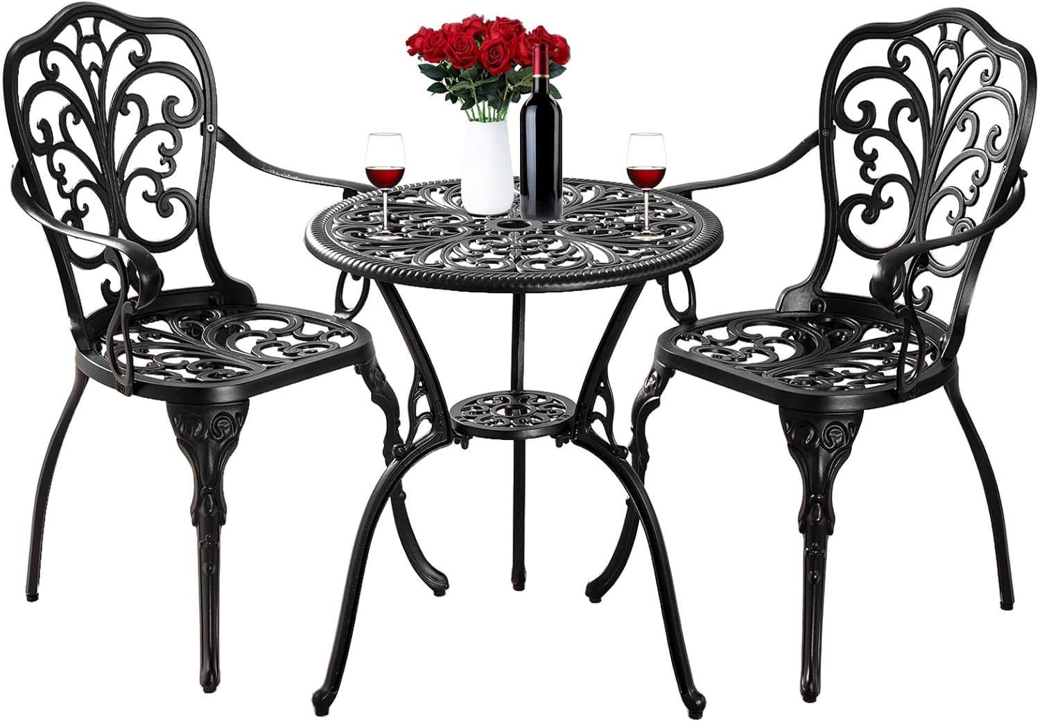 3 Piece Cast Aluminum Bistro Set Outdoor Patio Bistro Table and 2 Chairs, All Weather Garden Table and Chairs for Front Porch, Balcony, Backyard