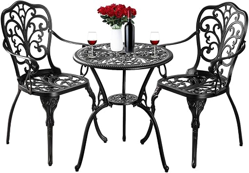 3 Piece Cast Aluminum Bistro Set Outdoor Patio Bistro Table and 2 Chairs, All Weather Garden Table and Chairs for Front Porch, Balcony, Backyard
