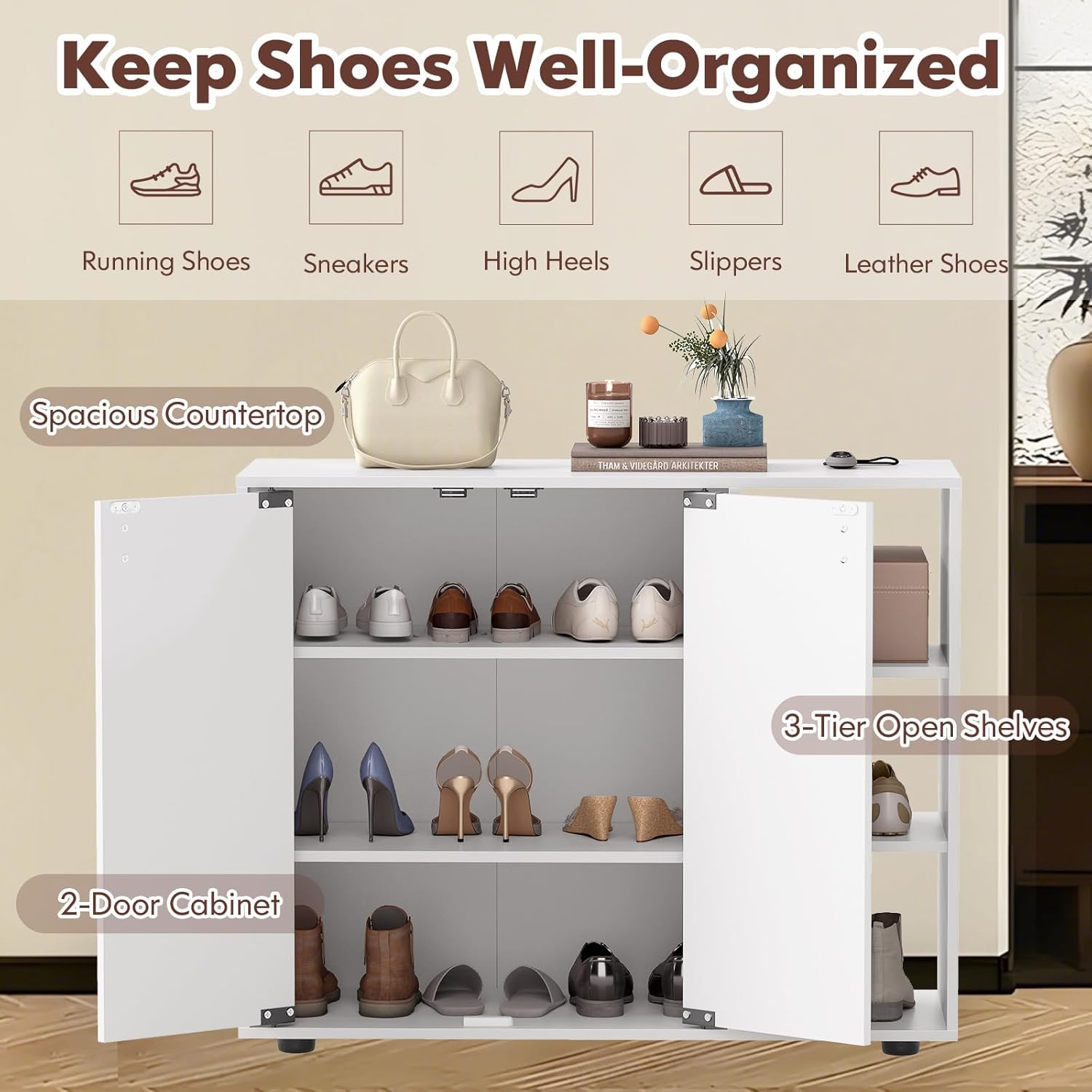 GOFLAME 3-Tier Shoe Cabinet with Doors, Shoe Rack Organizer with Adjustable Side Shelves, Freestanding Shoe Storage Cabinet for Entryway, Hallway, Living Room, White