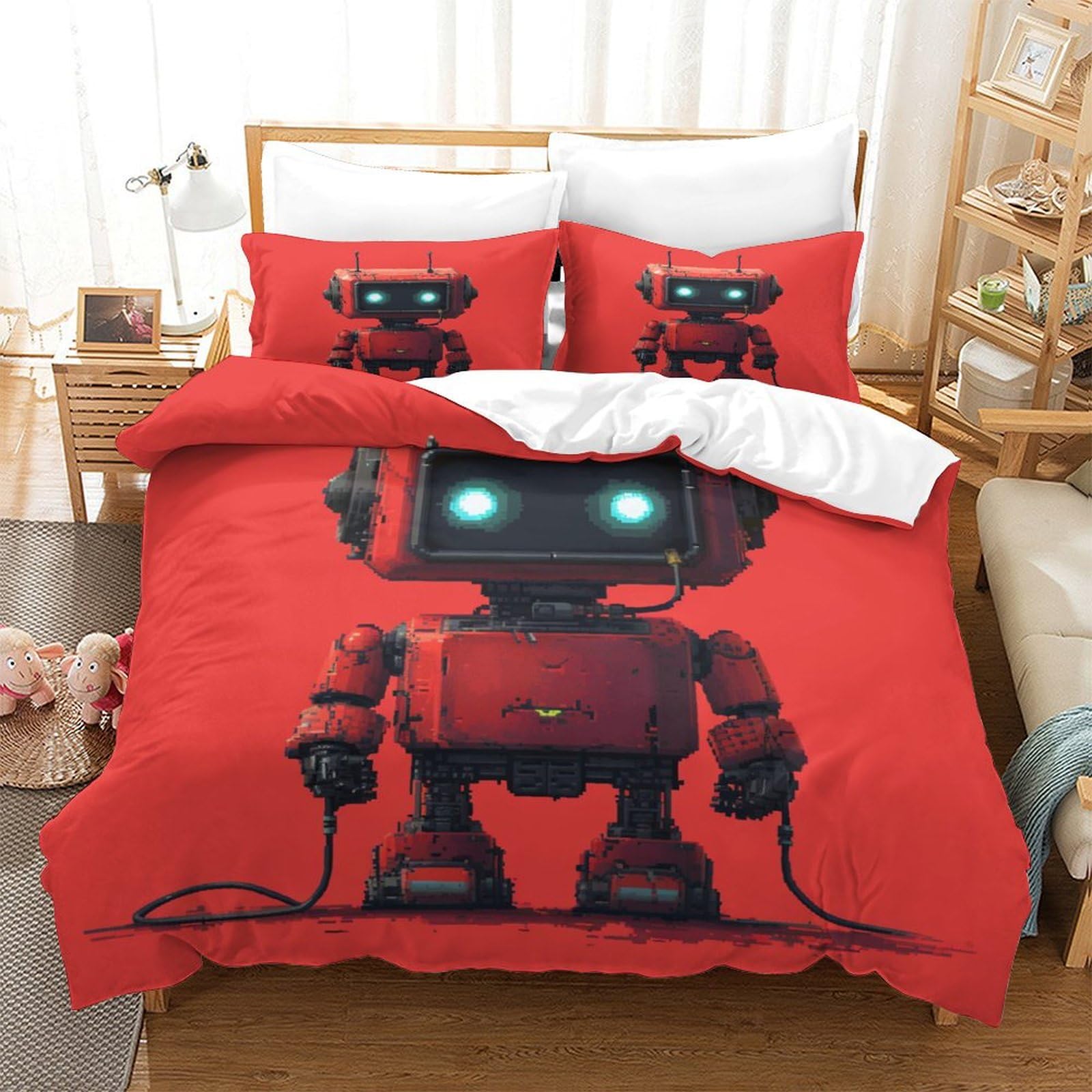 P1S9U7W5Y 3D Printed Red Robot Design Duvet Cover Set 3pcs Soft Microfiber Robot Theme Bedding Set Single（140x200cm）