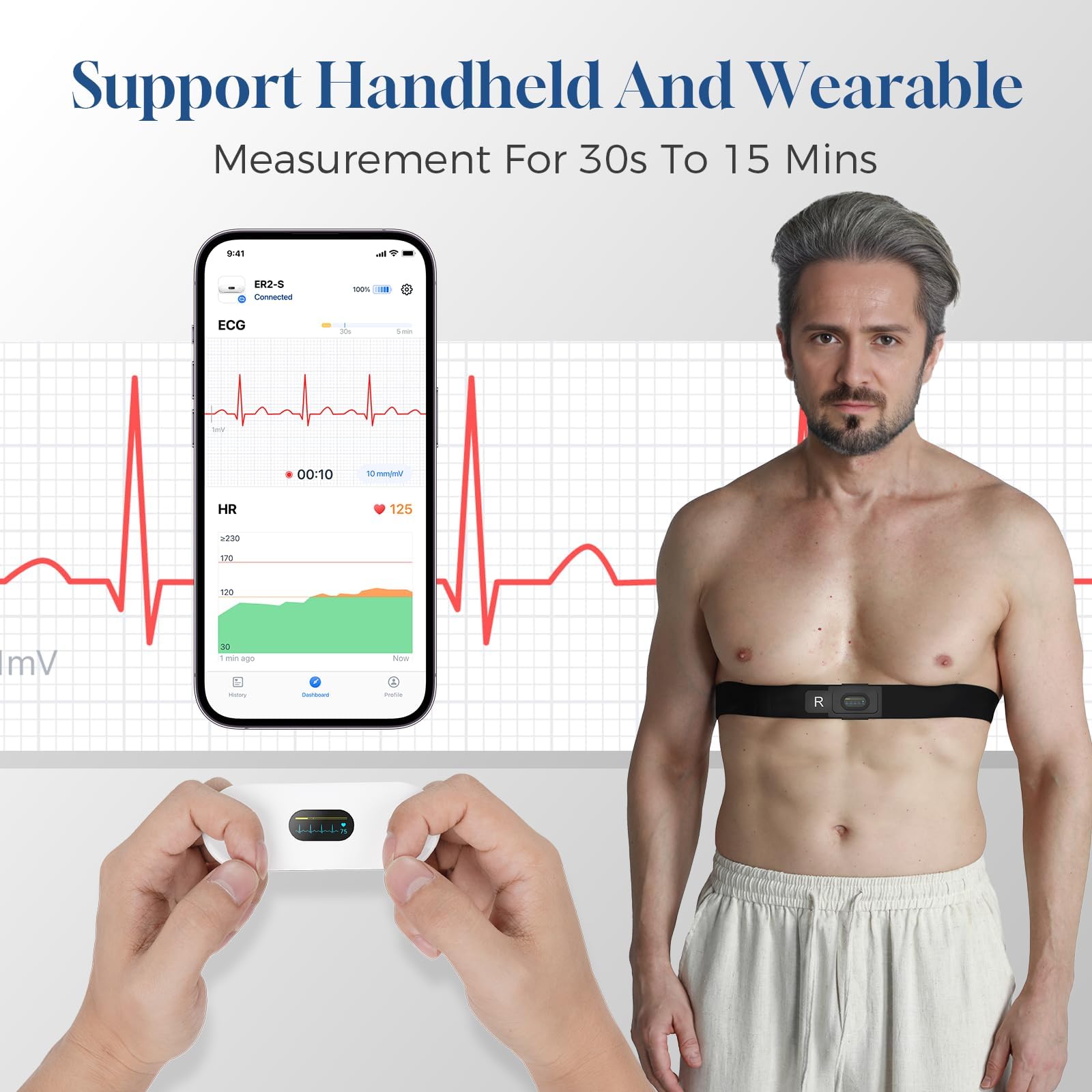 CheckMe ER2-S EKG per casa, dispositivo EKG portatile con fascia toracica precisa (registrazione da 30 secondi a 15 minuti), visualizzazione in tempo reale tramite app, spazio di archiviazione illimit