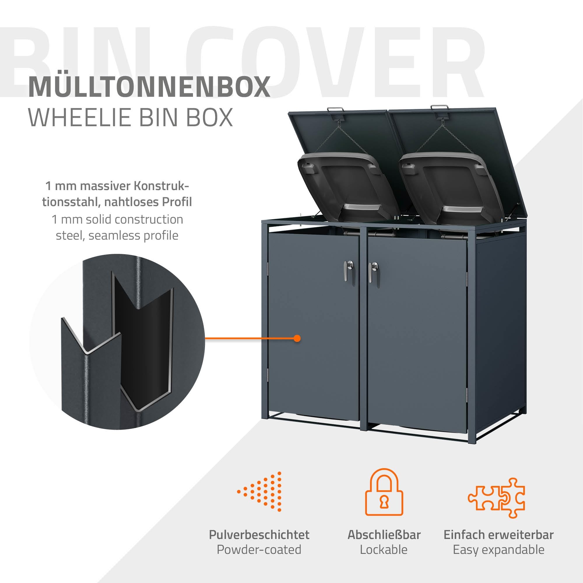 ML-Design Abri de Poubelle, pour 2 Conteneurs à Ordures, 240L, 132x80x116,3 cm, Acier, Anthracite, Conteneur avec Couvercle Rabattable, 2X Portes à Poignées, 4 Clés, Résistant aux Intempéries