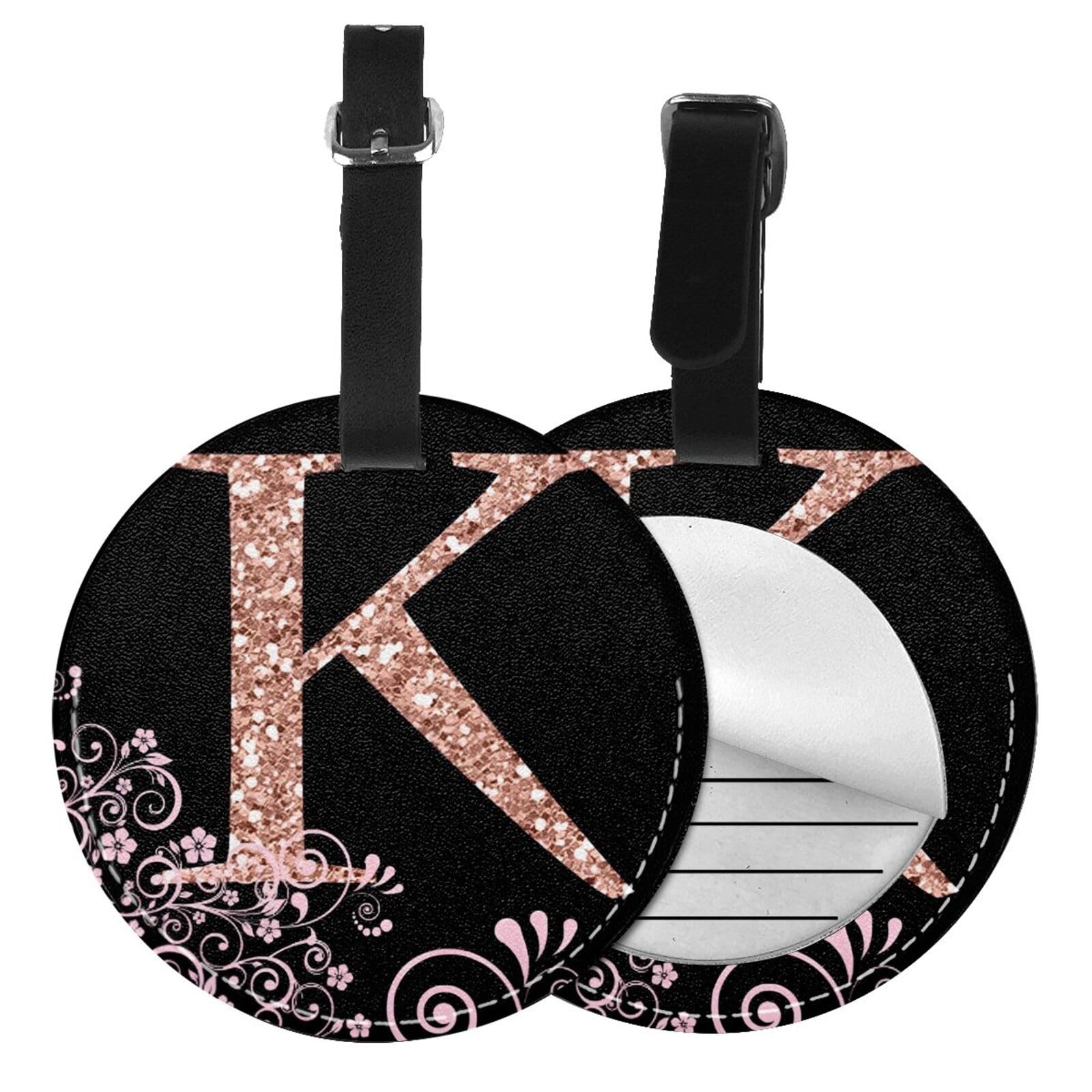 Rose Gold Flower Letter K Luggage Tags for Suitcases, Pu Leather Baggage Tags Identifiers for Travel, Name Id Label for Baggage Bag Women Men
