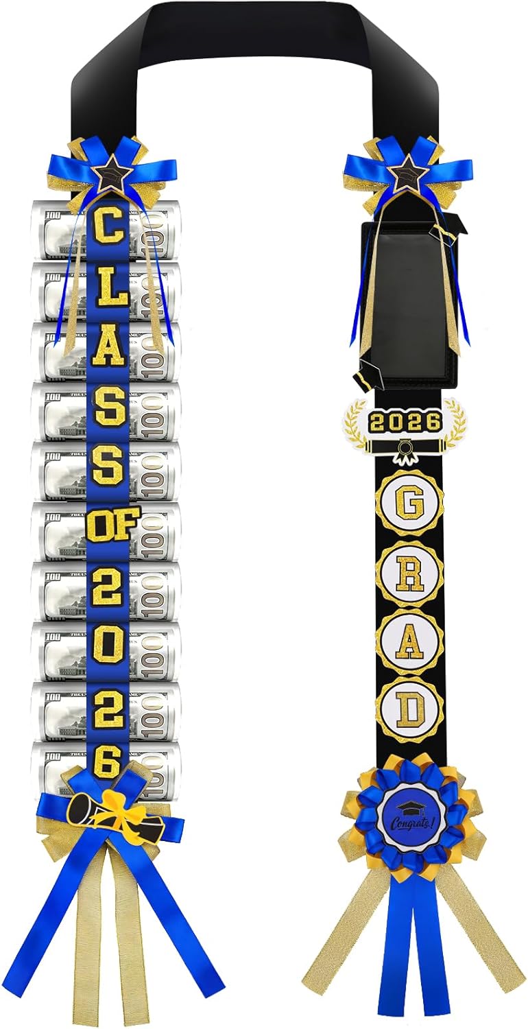 Phoncoo 2026 Graduation Money Lei with Cash Holder, DIY Graduation Ribbon Leis Class of 2026 with Felt Photo Frame for High School College Grad Party Gifts Supplies (Blue)