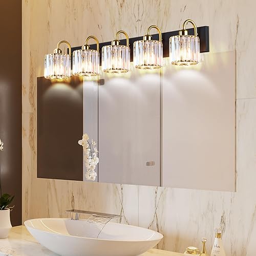 Miniatura 6 de Lámpara de tocador de baño de cristal dorado - 5 lámparas sobre espejo