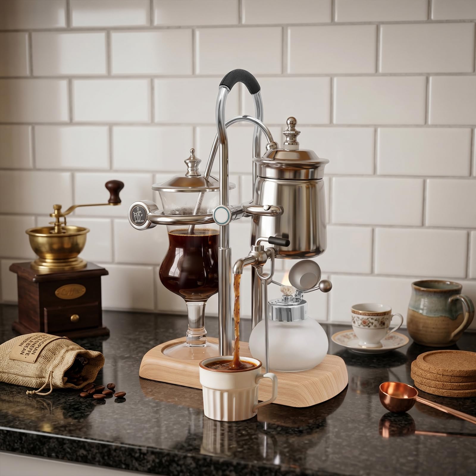 Luxury Siphon Balance Kaffeemaschine, Siphon Kaffeemaschine Set, Retro Kaffeemaschine, Vakuum-Kaffeebereiter, Kaffee- und Teebrüher, Naturholzsockel und Deckelknauf (Silber)