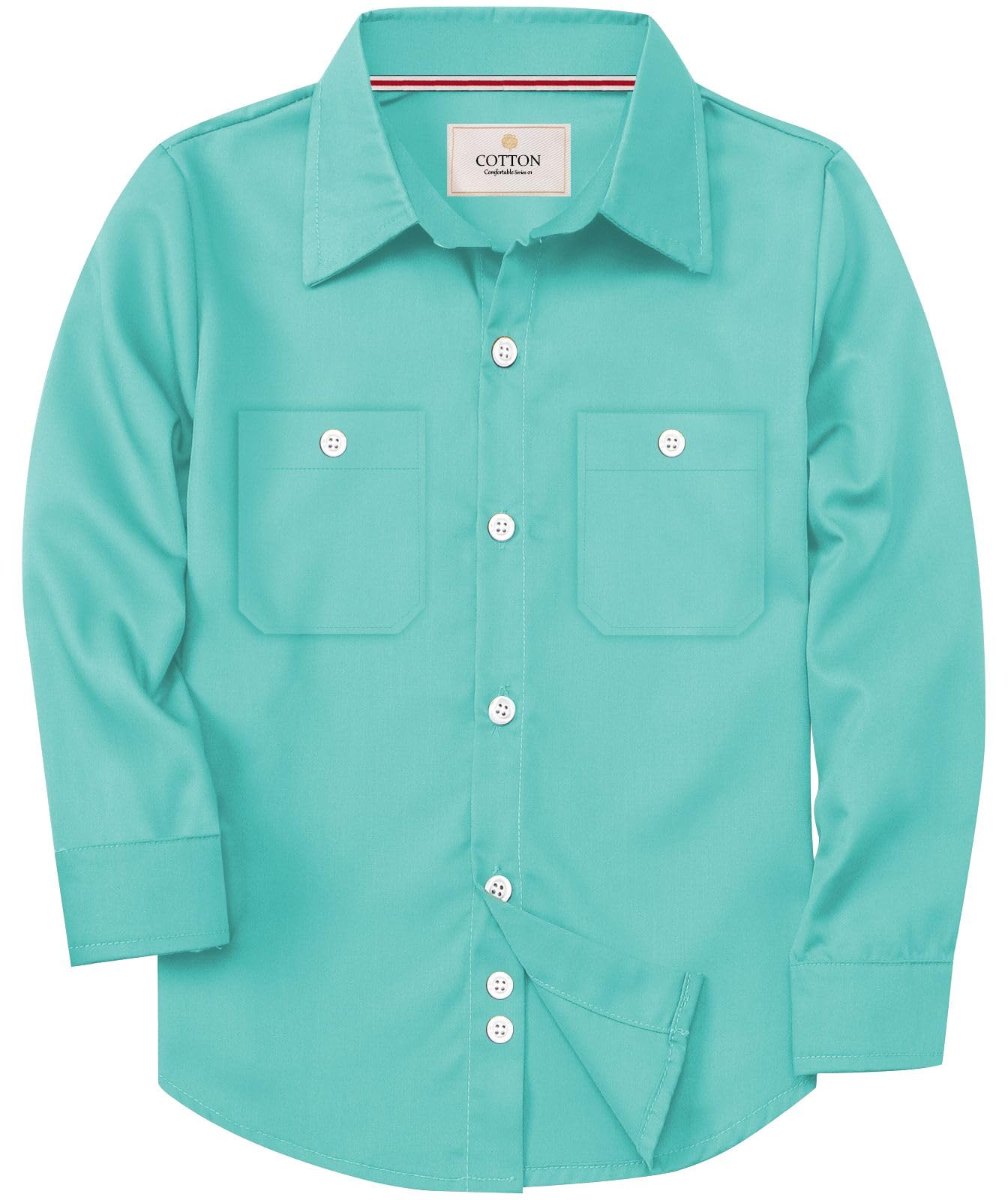 SANGTREE Boys & Mens 100% Cotton Long Sleeve Button Down Shirts Solid Collared Shirts with Two Pockets