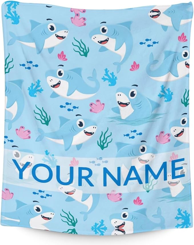 Personalized Shark Blanket Gifts with Name - 60"x80" Cute Throw Blanket for Kids & Adults - Blue Soft Fuzzy Blankets for Bed, Couch & Living Room