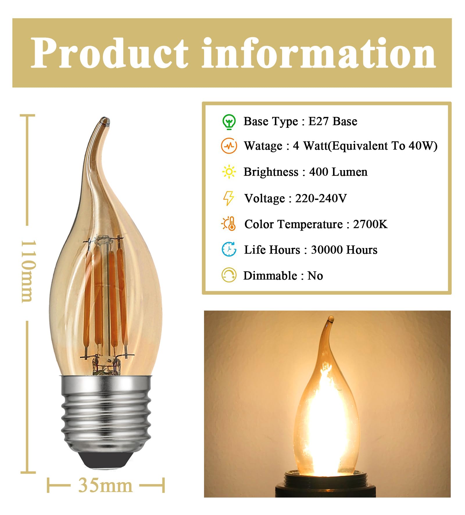 RANBOO Żarówka świeca E27 Vintage 4 W / zastępuje lampy halogenowe 40 W / 400 lumenów / ciepła biel 2700 K / 220-240 V AC / żarówka E27 kształt świecy / bez możliwości ściemniania / szkło bursztynowe / opakowanie 10 szt