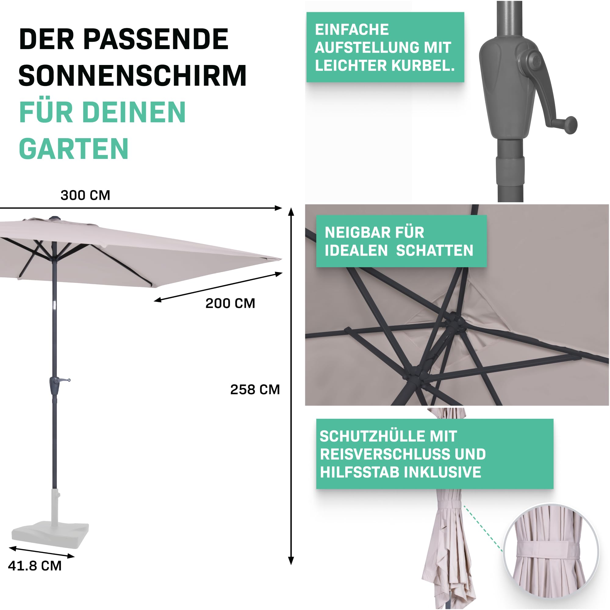 VONROC Sonnenschirm rechteckig 200x300 - Rechteckiger Sonnenschirm für Terasse, Garten, Balkon, Gastro - Knickbar, Kurbel, Wetterfest - Rapallo