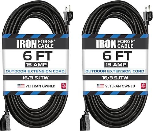 Paquete de 2 extensiones para el exterior - Cable color negro de 163 de uso rudo, 6 o 10 pies de longitud, IFC-163B06PK2