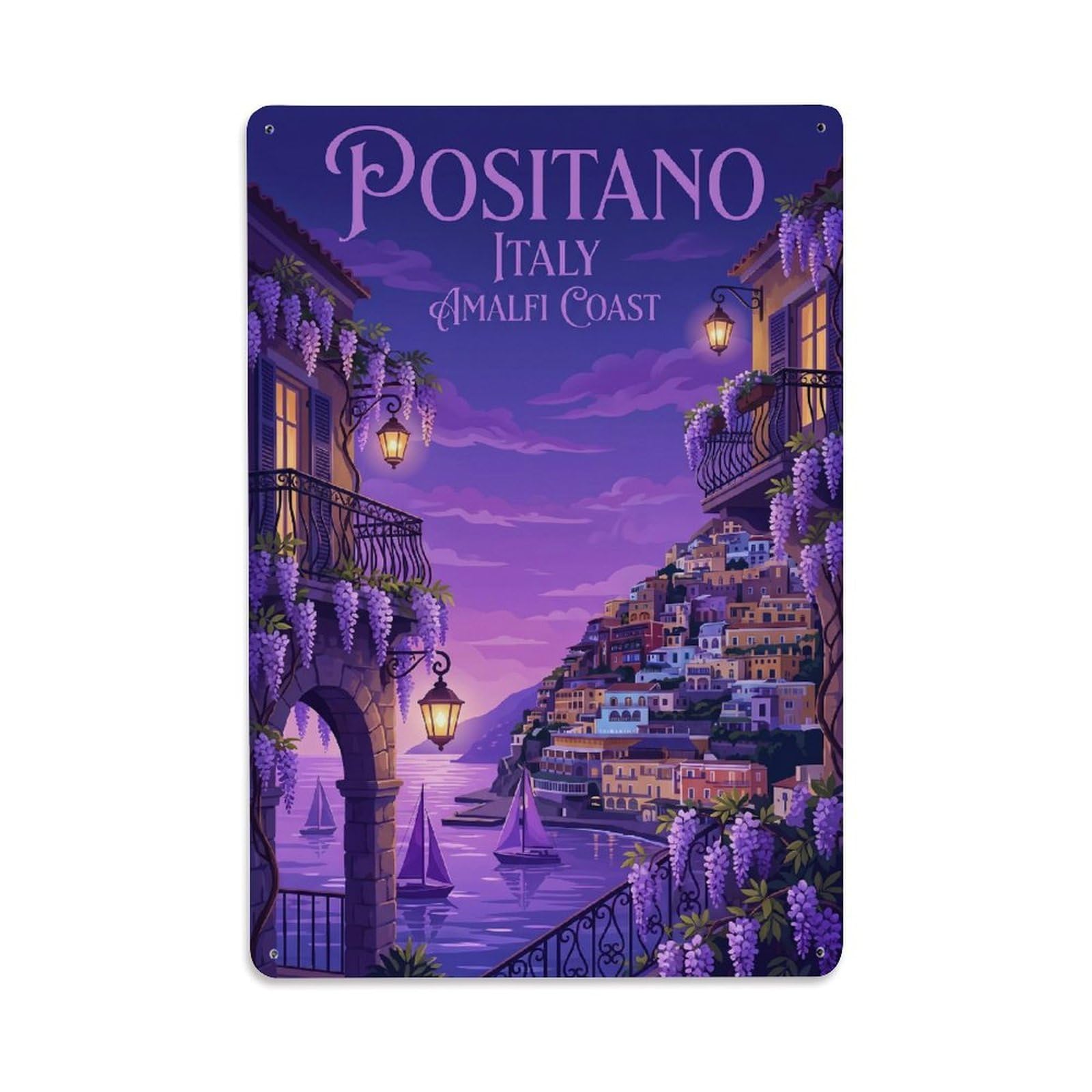 Vintage Travel Positano Italy Amethyst Metal Tin Sign Plaque Wall Decor for Cafe, Club Bar, Office, Garden Metal Poster 8x12Inch