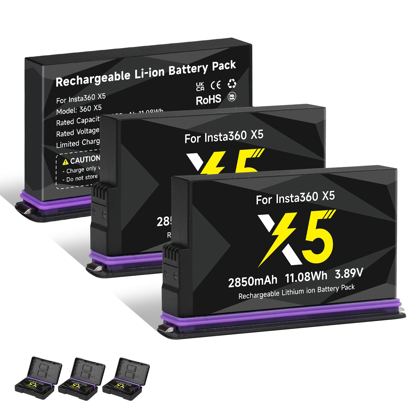 CITYORK [Lot de 3] Batterie de rechange 2850 mAh pour appareil photo de sport Insta360 X5, batterie rechargeable pour accessoires Insta360 X5, longue durée de vie, remplacement facile [avec boîtier