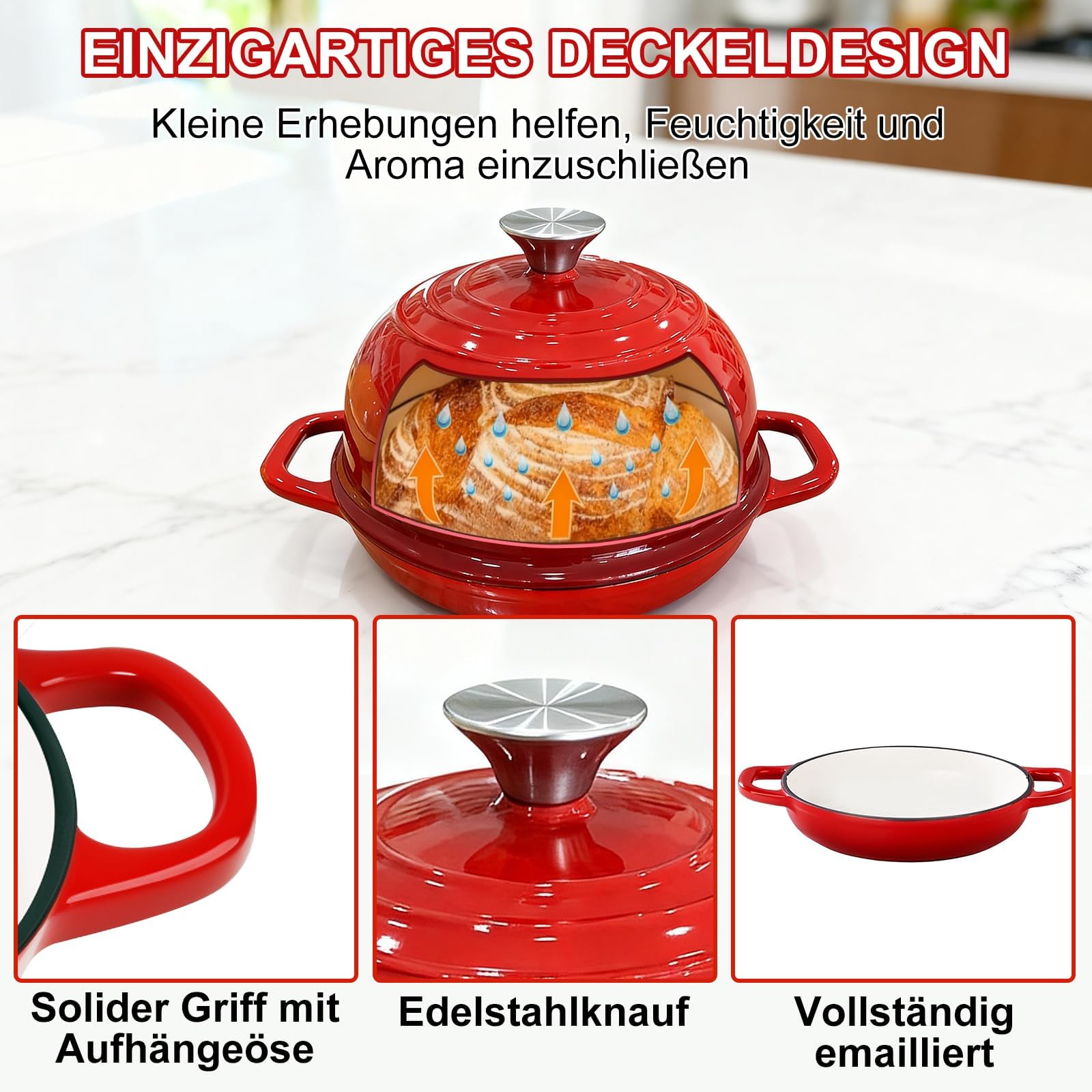 Gusseisen Topf Brot Backen,5,7L/26cm Bräter Emaille Schmortopf