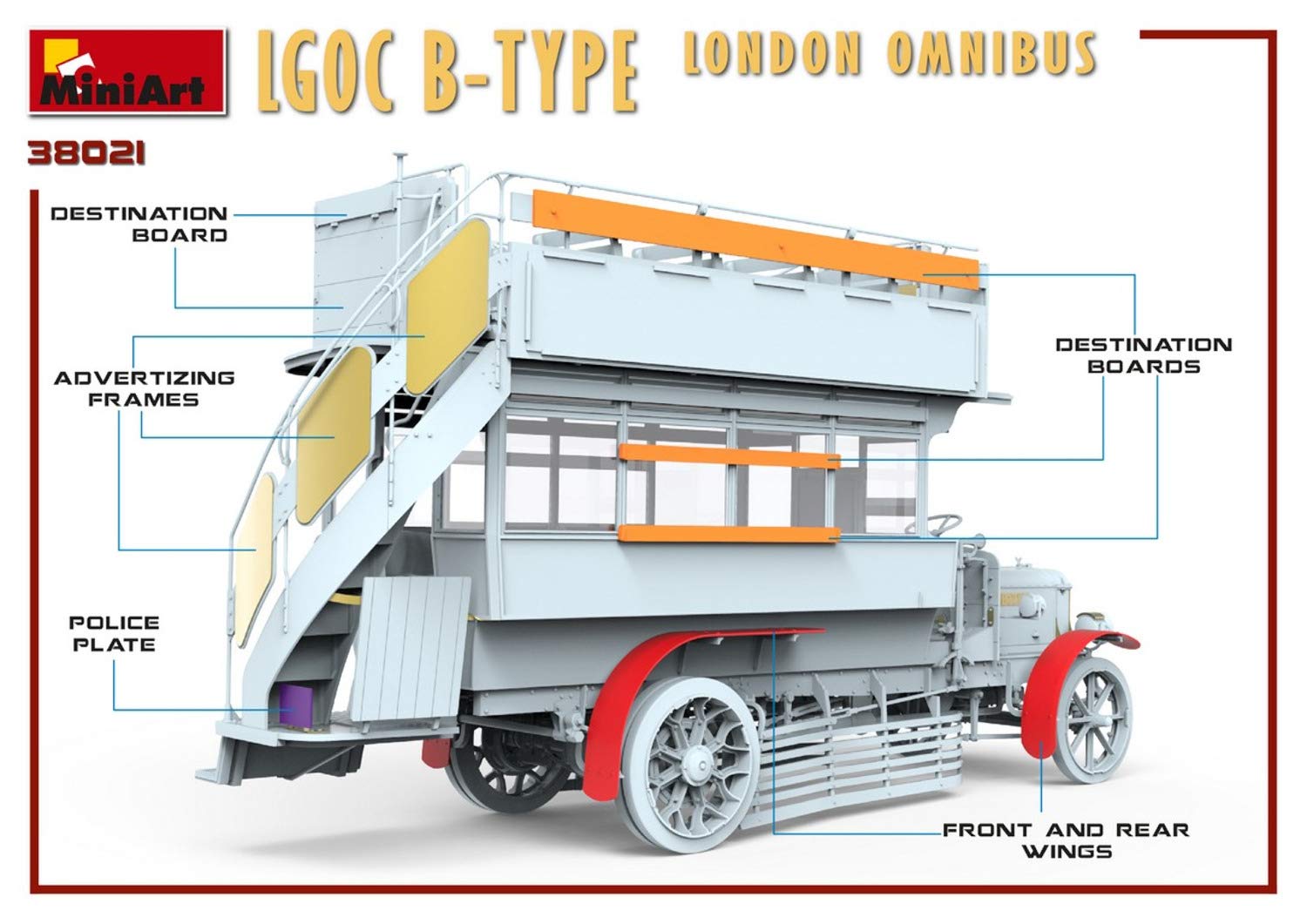 MiniArt 38021 1:35 London Omnibus LGOC Type B - Réplica original, modelismo, kit de plástico, manualidades, aficiones, pegado, kit de modelos, montaje, sin pintar