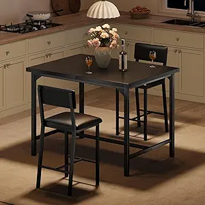 GarveeHome Dining Table Set for 2 W/Footrest & Backrest, Counter Height Table with 2 Upholstered Bar Chairs, Kitchen Table Set with Corner Protector, for Small Space, Black