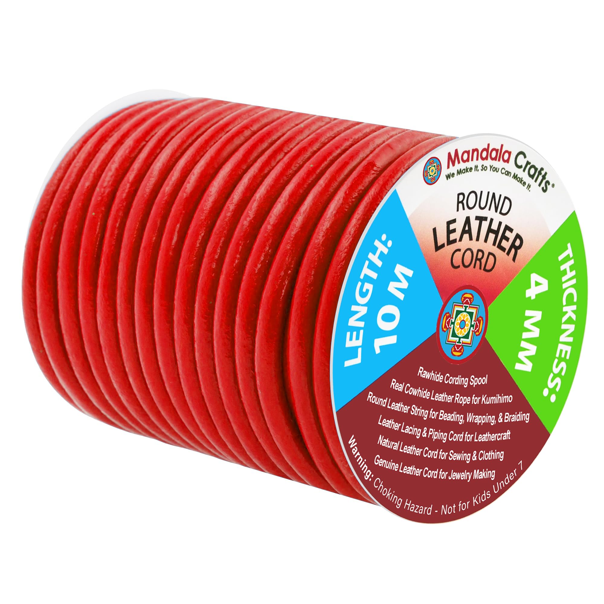 Mandala Crafts Round Cowhide Genuine Red Leather Cord for Jewelry Making Kumihimo Leather Rope Spool - Red 11 Yds 4mm Cording