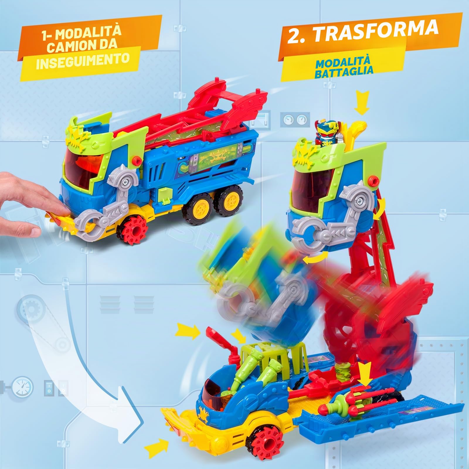 SUPERTHINGS KAZOOM Power - Mr. King Truck. Camion di Mr King della serie TV "Kazoom Power". Contiene 1 Mr King Truck, 1 Mr King Exclusive, 4 Robotoxics, 1 Trigger e 3 proiettili