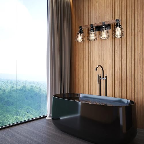 Miniatura 6 de Lámpara de tocador de baño, lámpara de pared rústica de madera de 4 luces, accesorio de iluminación industrial de baño sobre espejo, moderno aplique