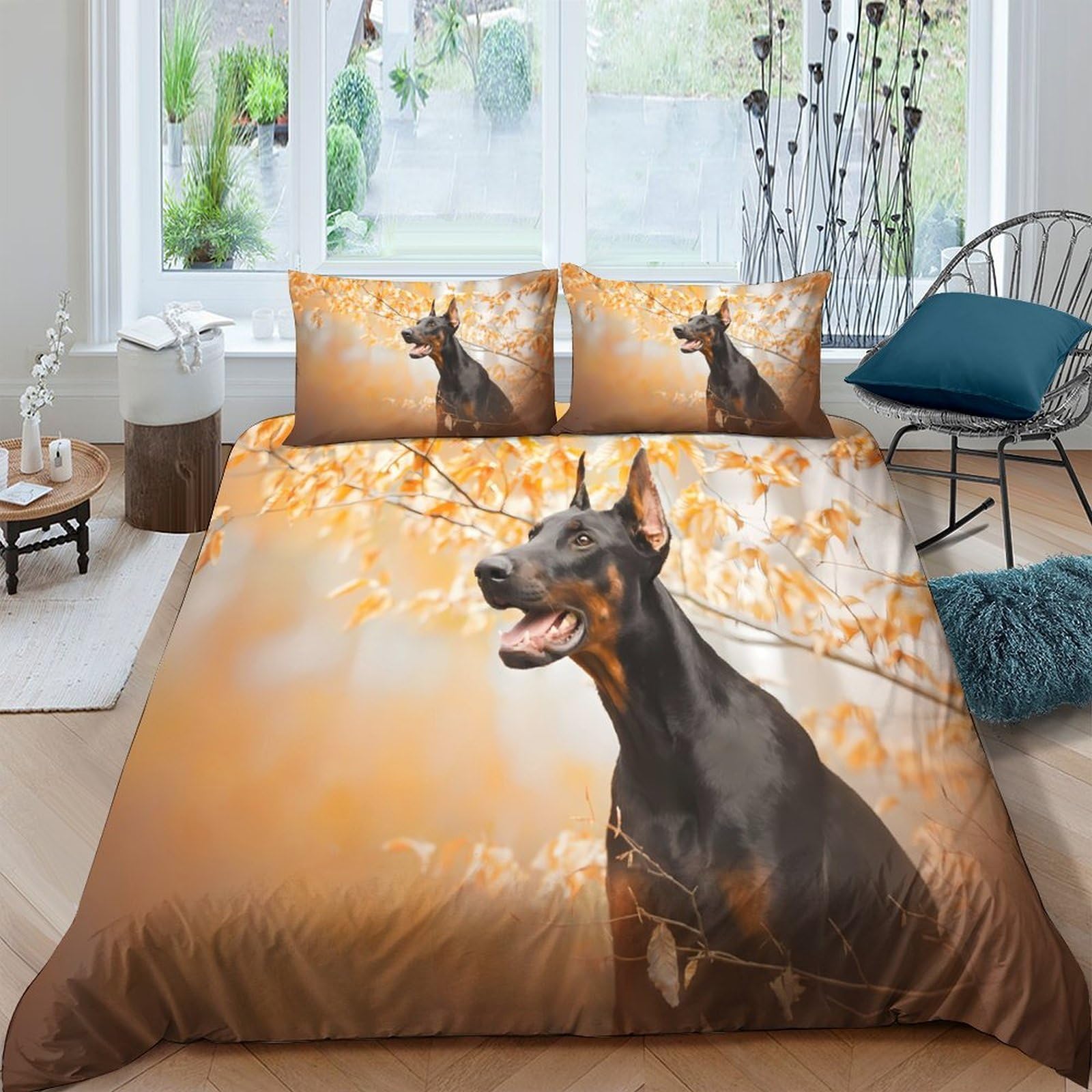 Ctjqhvkz Style-1 3D Printed Autumn Forest Doberman Fitted Sheet Microfiber Soft Breathable Dog Bed Cover For Bedroom Guest Room Decor Single（135X200cm）