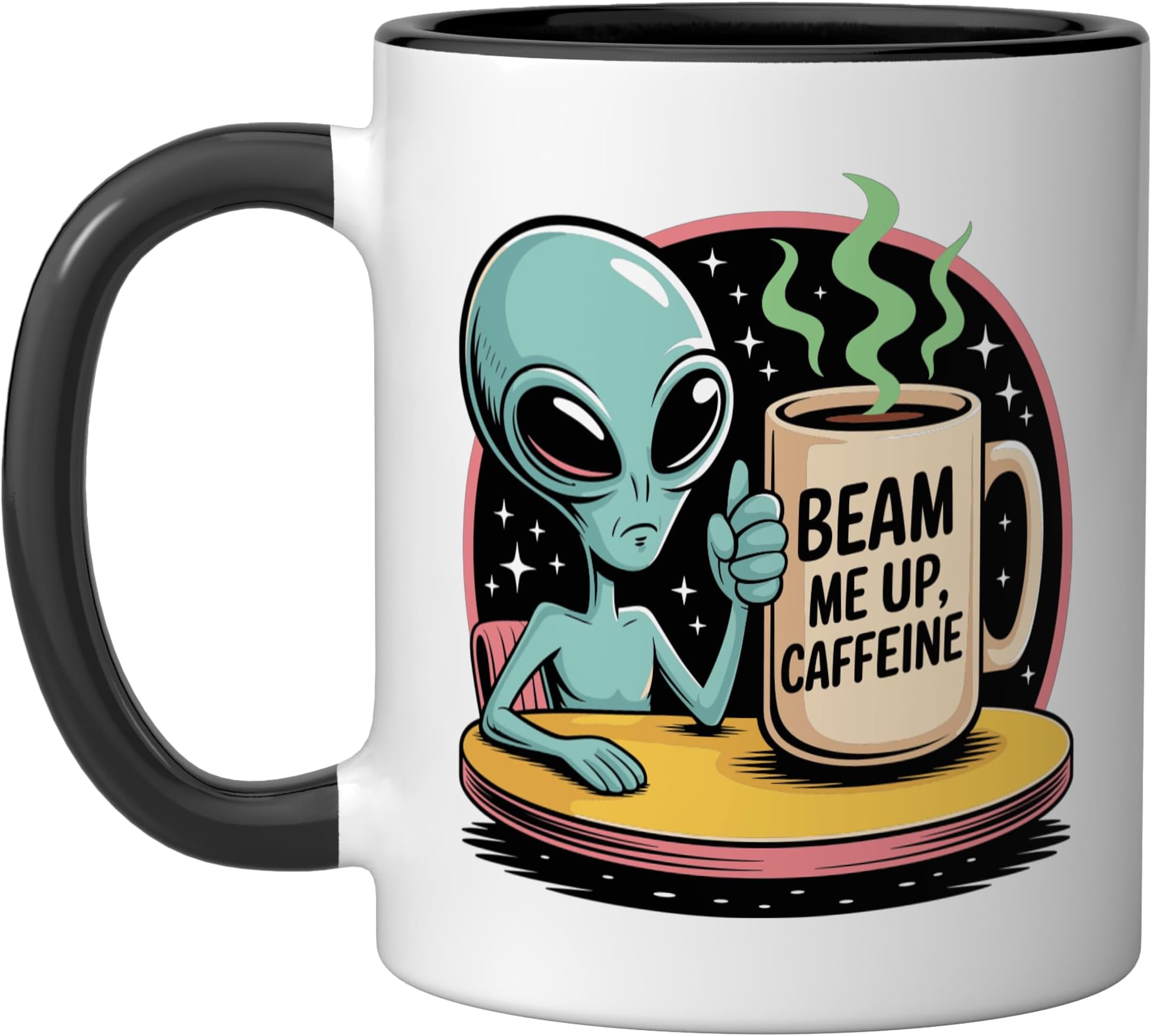Beam Me Up Caffeine Alien Caffeine Humor Coffee Lover Ceramic Mug, Black/White