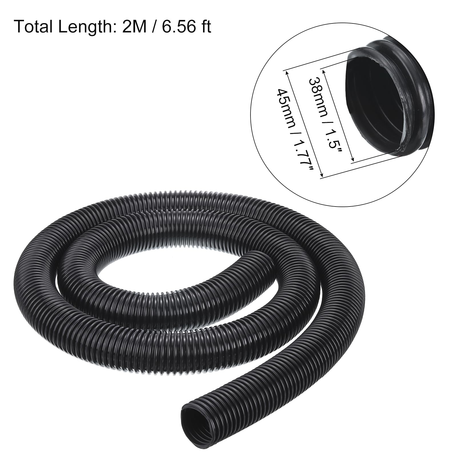 PATIKIL Manguera flexible EVA para aspiradora, 45 mm de diámetro exterior, 2 m de longitud, manguera de recogida de polvo para aspiradora industrial, color negro