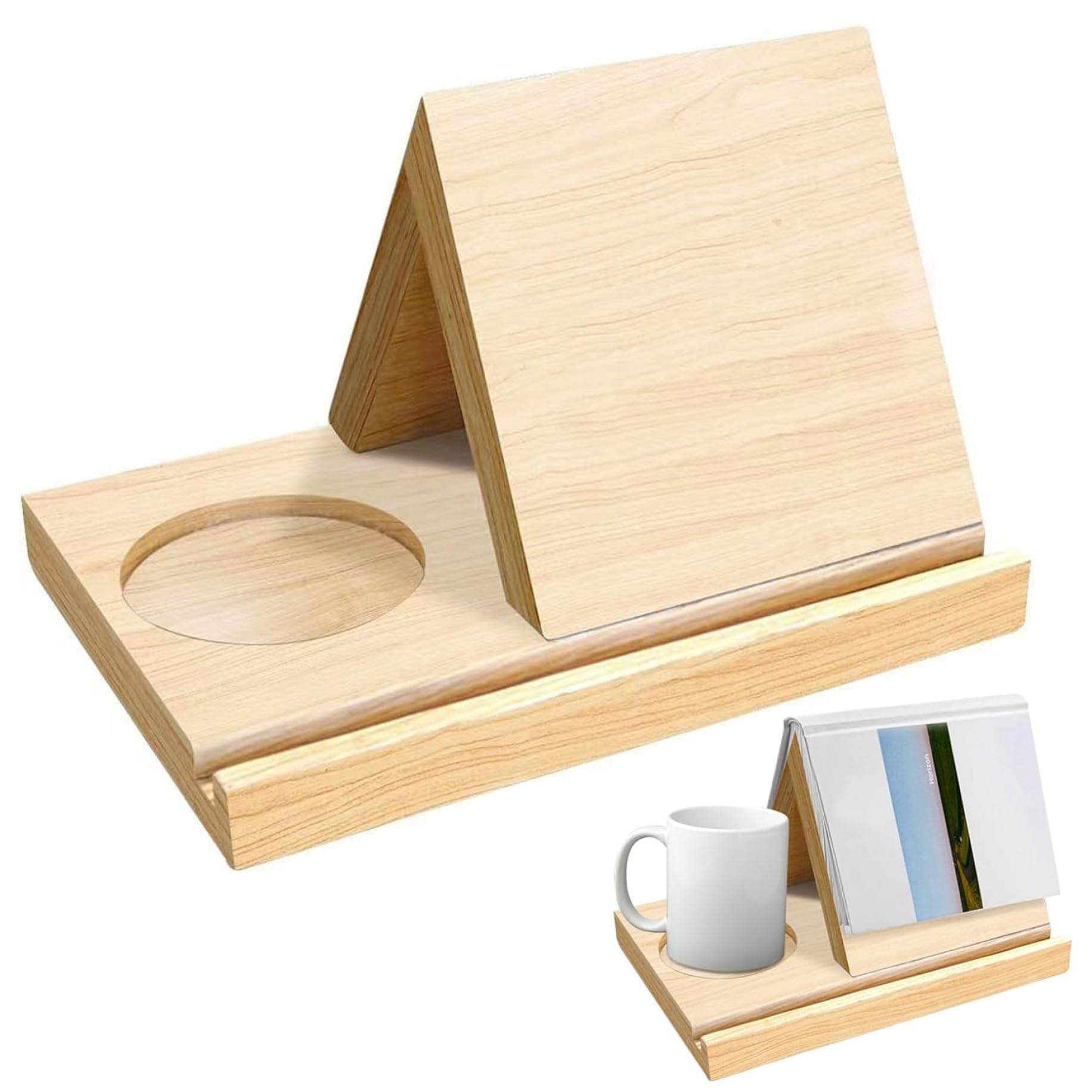 Soporte triangular para libros organizador de madera para tabletas tazas y teléfonos 6