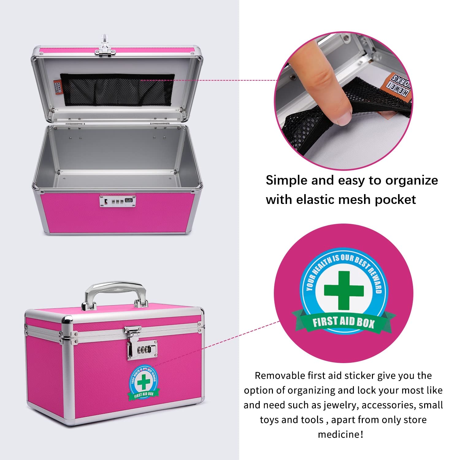 Maletín de medicamentos con combinación. 31.0x18.3x19.3cm, Adecuado para el almacenamiento de medicamentos y artículos personales importantes. Incluye pastillero portátil pequeño (rosa/mediano)