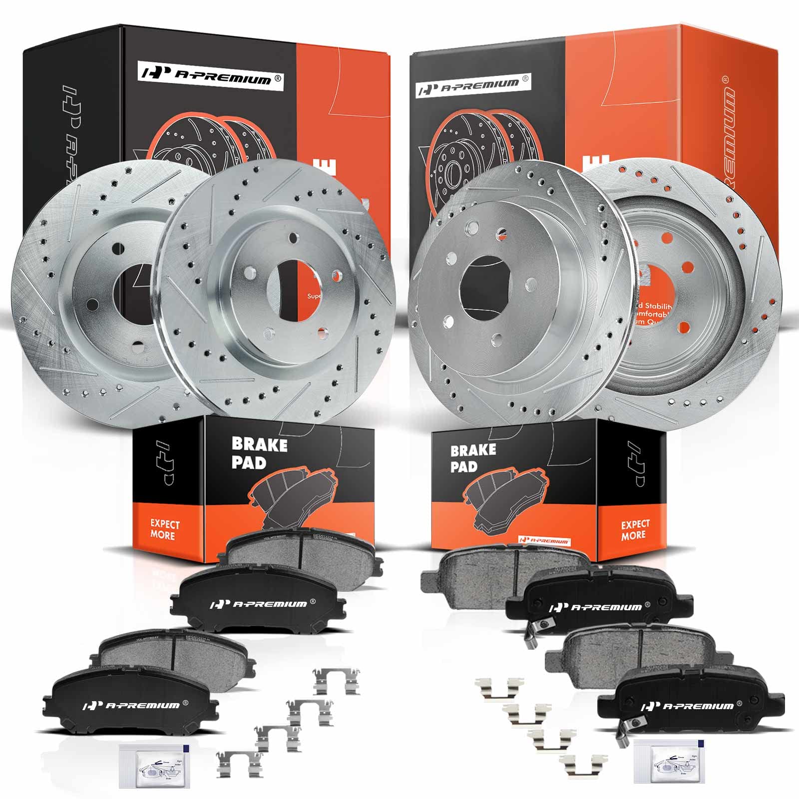A-Premium Front & Rear Drilled and Slotted Disc Brake Rotors + Ceramic Pads Kit Compatible with Select Nissan Models - Rogue 2008 2009 2000 2010 2011 2012 2013, 12-PC Set