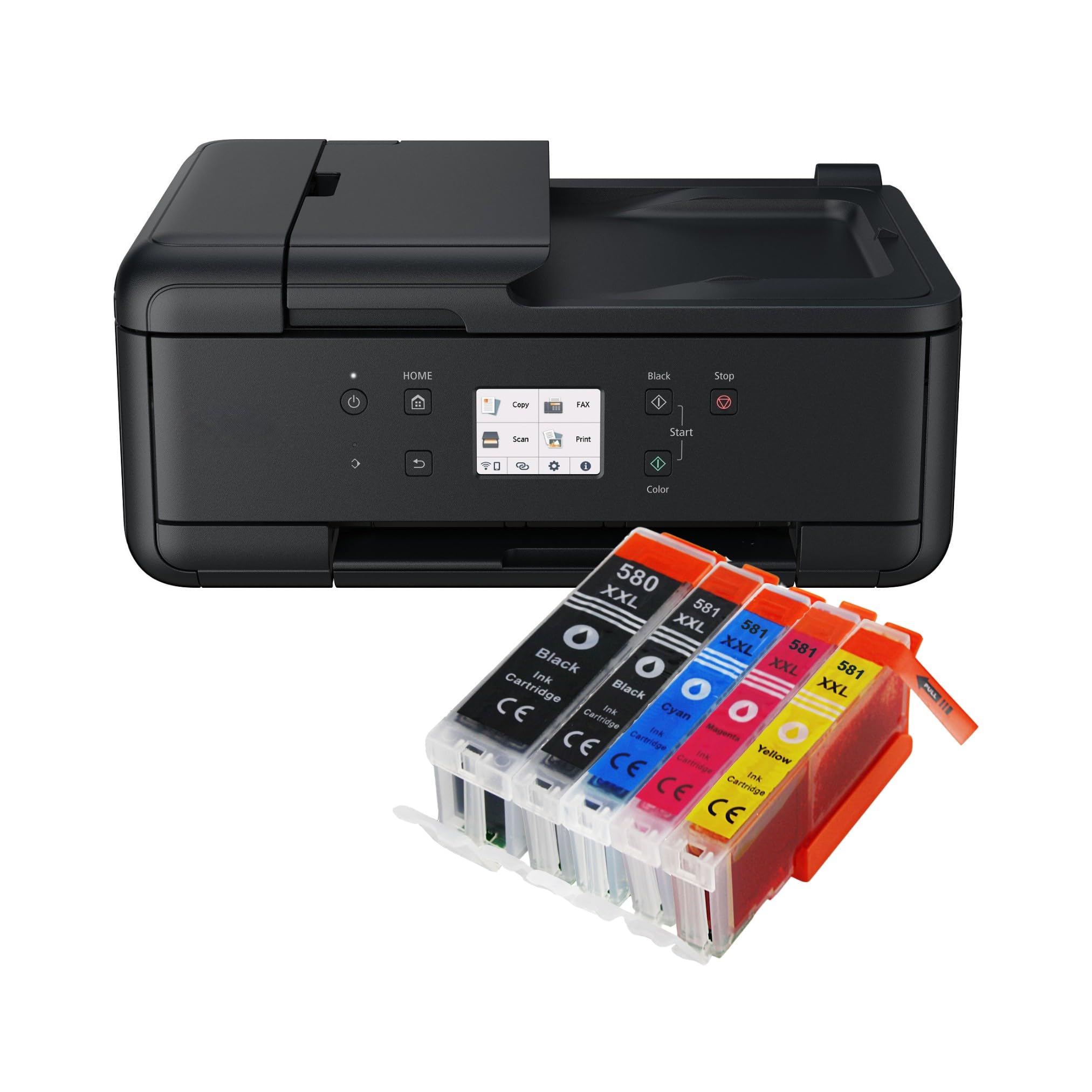 IC-Office TR7650 Farbtintenstrahl Multifunktionsdrucker 4-in-1 (Drucken, Kopieren, Scannen, Faxen, ADF, WLAN, AirPrint) schwarz + 5 XXL Tintenpatronen