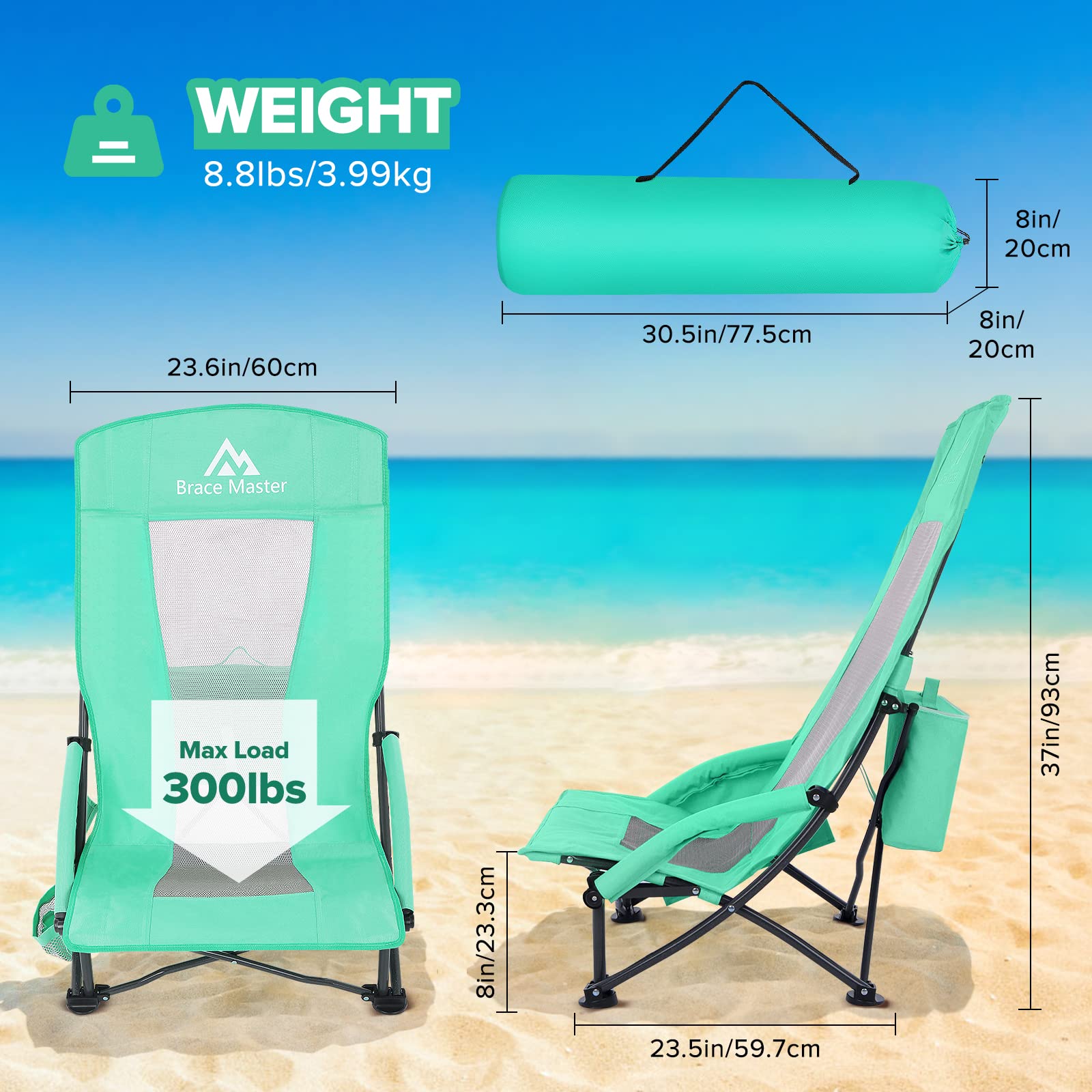 Brace Master Sedia da Spiaggia Campeggio Pieghevole, Schienale Alto Sedia Pieghevole con Portabicchieri, Dispositivo di Raffreddamento E borsa per Telefono per Giardino Campeggio Spiaggina