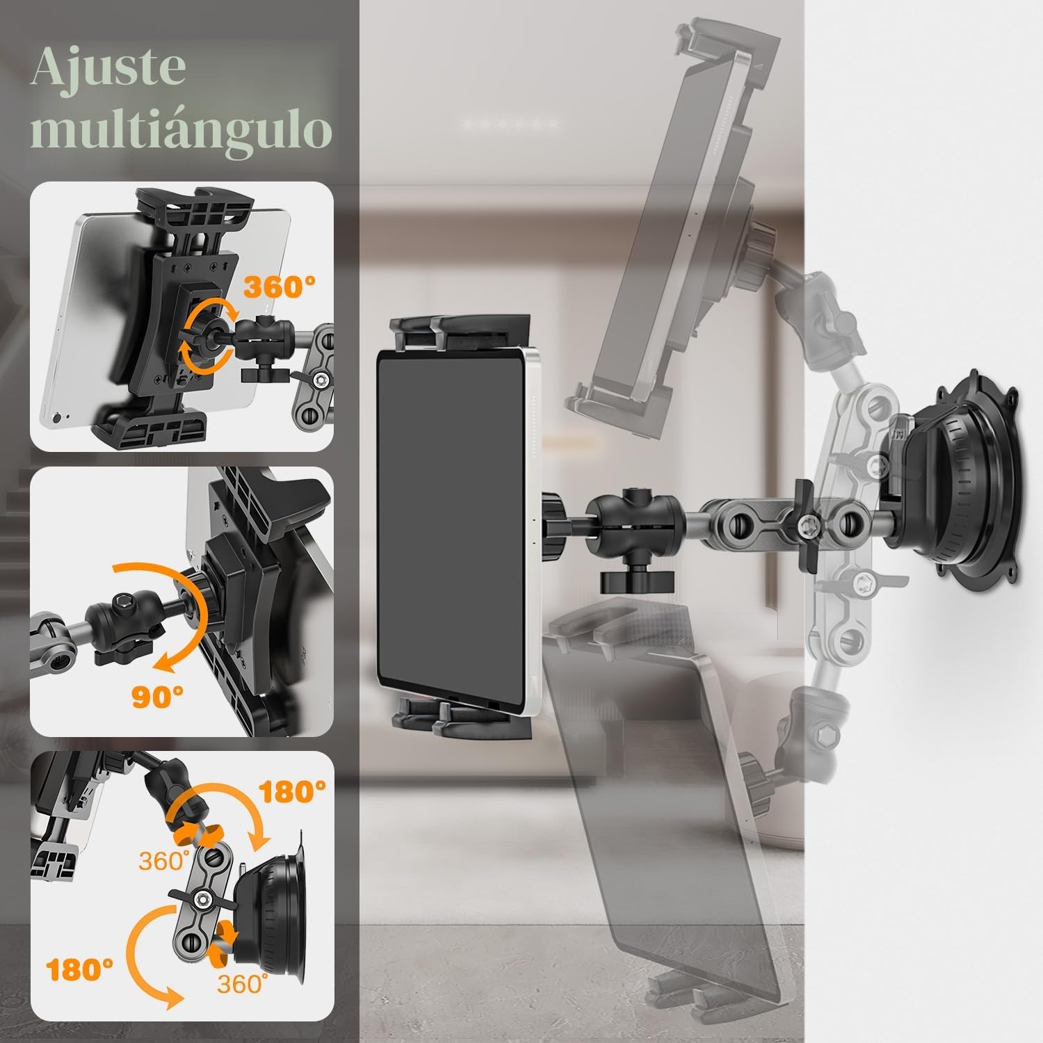 Soporte Tablet Coche, Rotación de 360 Grados Soporte iPad Salpicadero, Pie Tablet de Pared para iPad/Pro/Mini/Air iPhone, Smartphones y Tablets 4,7-12,9" para Coche, Pared, Escritorio