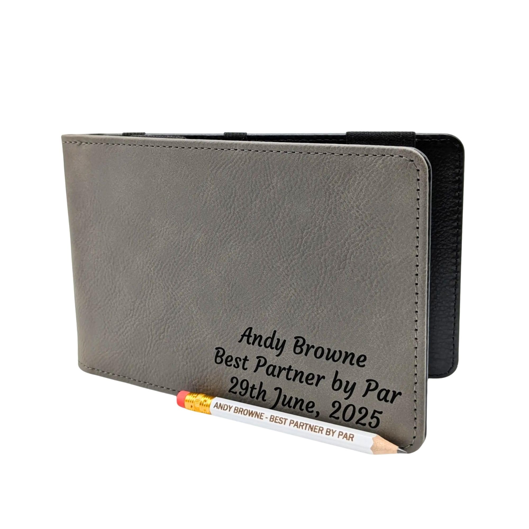 Personalised Golf Scorecard Holder with Pencil | Premium PU Leather | Golf Gift Set in Multiple Colours (Grey/Brown/Green/Teal/Pink) (Grey)