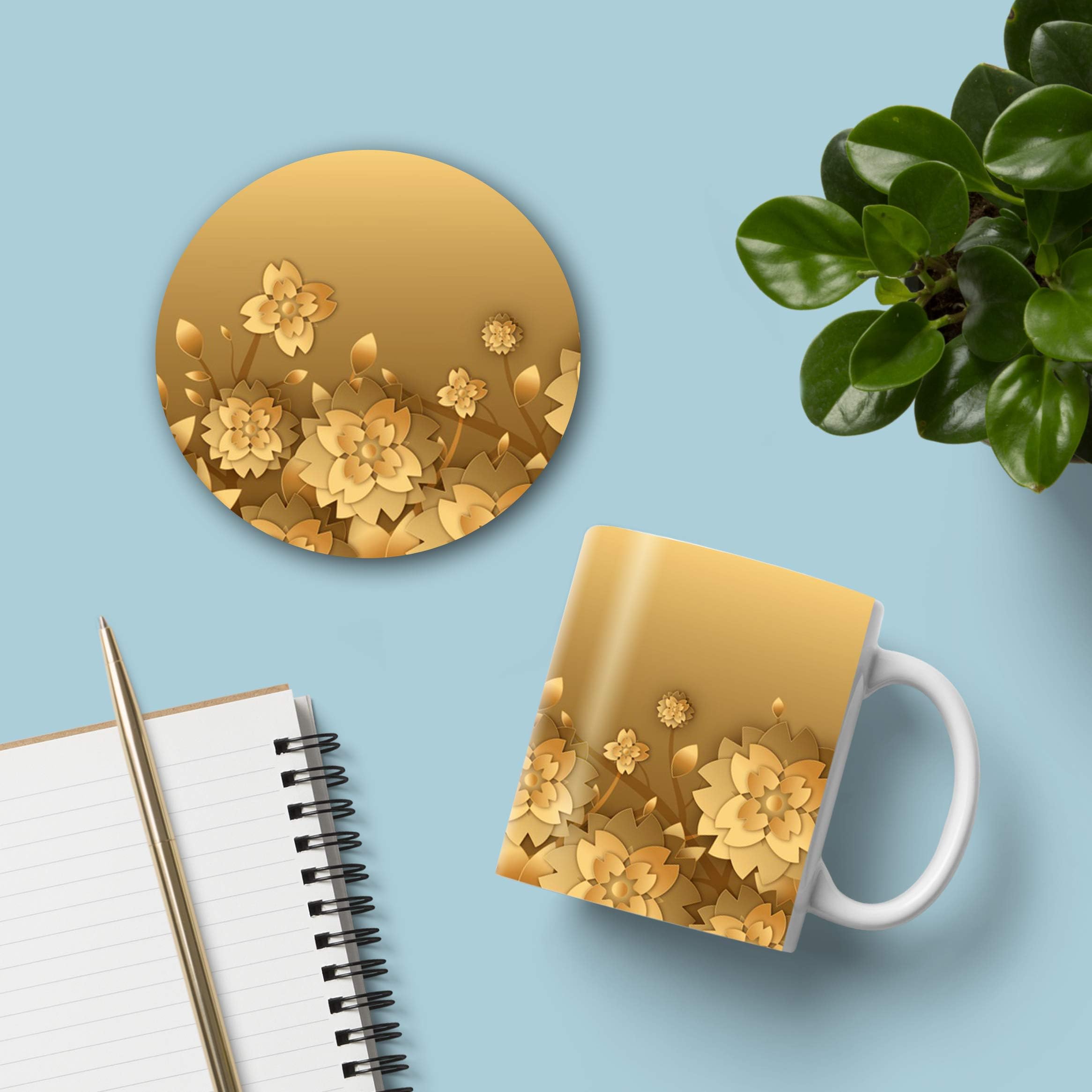 HomeShop EKart Premium Flower Print Coffee Tea Mugs with Round Coaster, Beautiful Floral Ceramic Mug Gifts, (11oz Mug - 1 Pcs & 1 Round Coaster) (Model 004)