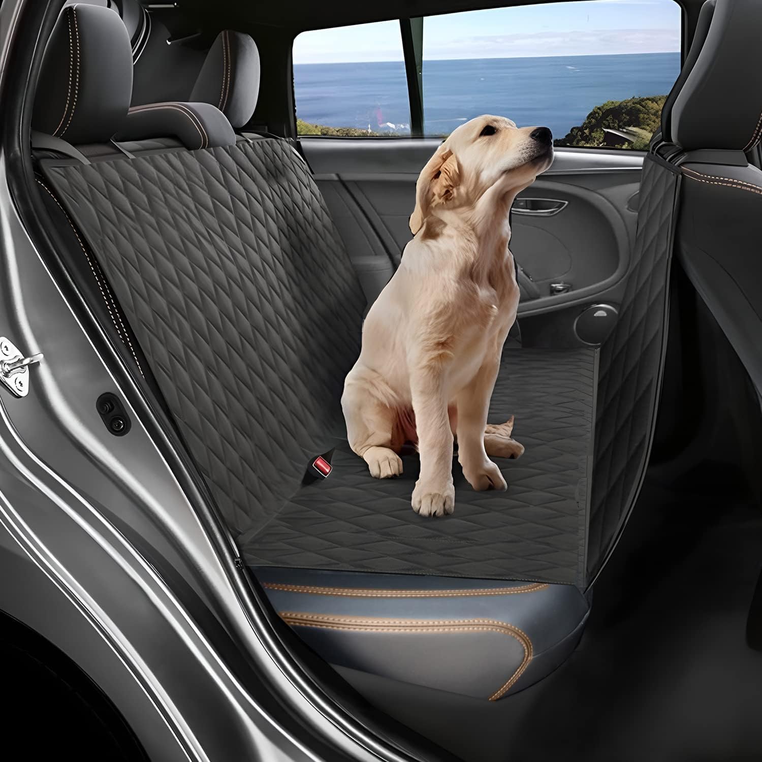 Pivalo Dog Car Seat Cover Backseat Pet Travel Protector for Hatchbacks Polyester Nonslip Backing & Hammock Padded Machine Washable Water Resistant Universal Fit for All Cars (Black)