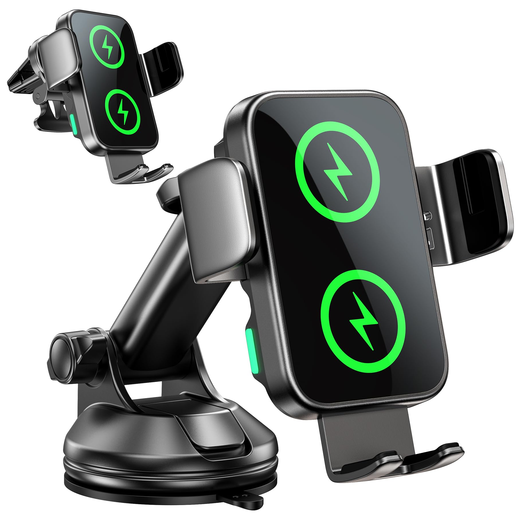 Dual Coil Wireless Car Charger Mount, Fast Charging, Auto-Clamping for Samsung Flip, Galaxy S24/S23/S22, iPhone 12-15, Windshield, Dashboard, and Air Vent Holder