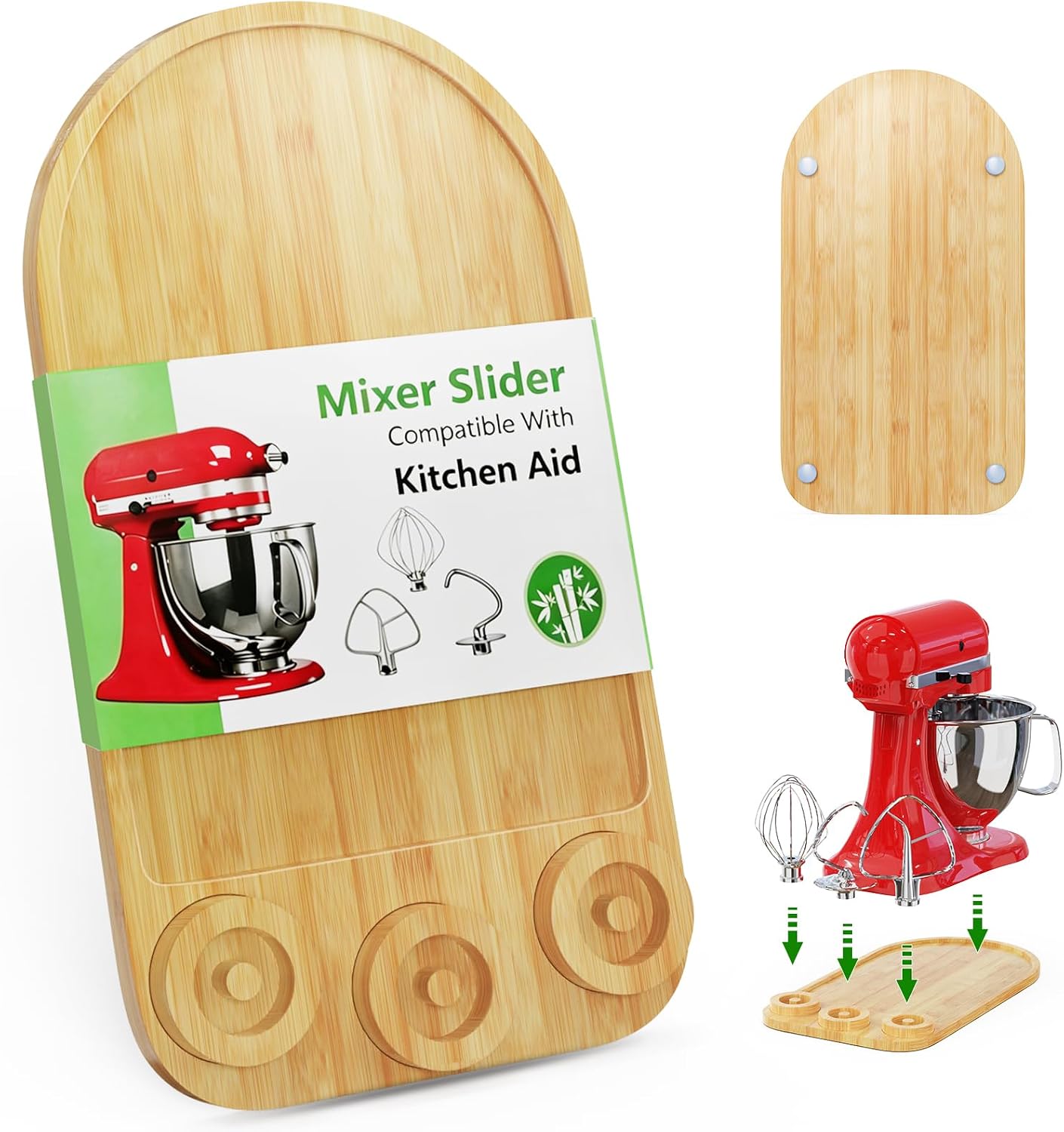 2-in-1 Mixer Sliding Mat with Attachment Storage for KitchenAid Stand Mixer, Bamboo Mixer Slider Pad for KitchenAid 4.5-5 Qt Tilt-Head Mixer, Easy Move & Protect Countertop, Hold 3 Mixer Attachments