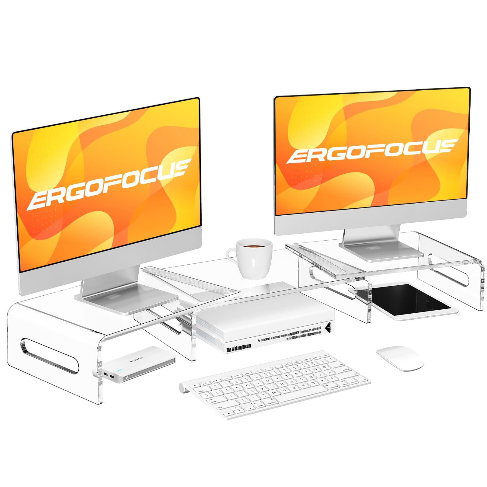 ErgoFocus Acrylic Monitor Stand Riser, Dual Monitor Stand with Adjustable Length and Angle, Clear Monitor Stand for 2 Monitors, 3 Shelf Monitor Stand Riser with Anti-Slip Mat for Computer