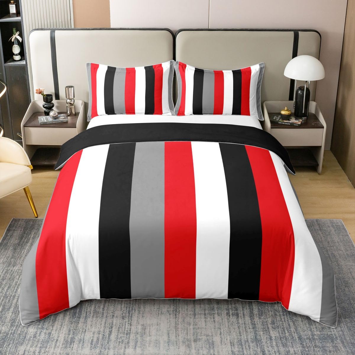 Homewish Black Red Grey White Stripe Cotton Duvet Cover Double 3 Pieces โ image 1