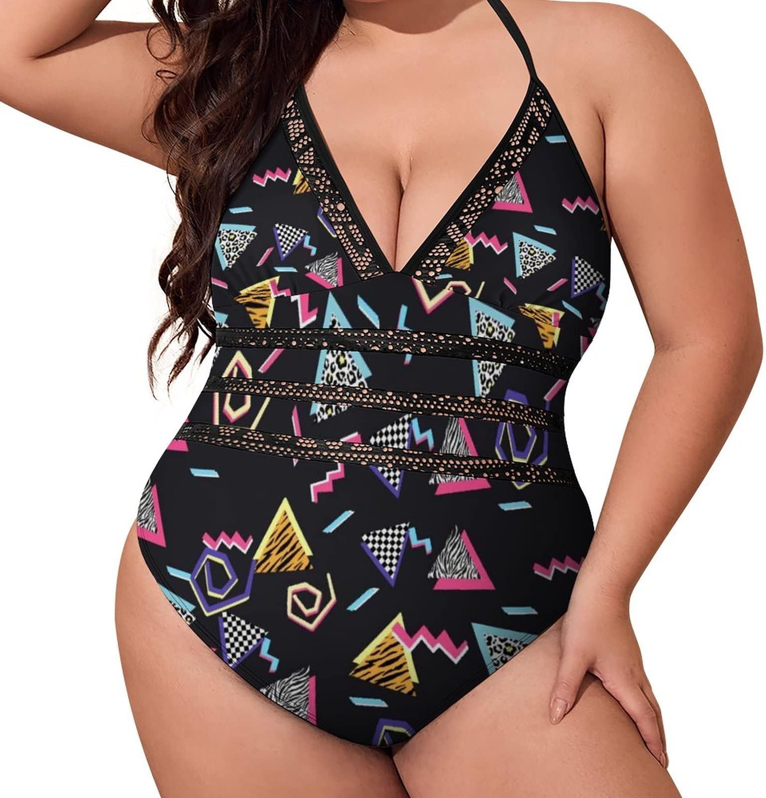 YIFTD Womens Plus Size One Piece Swimsuit 80s 90s Tummy Control V Neck Backless Bathing Suit Mesh Monokini Swimwear