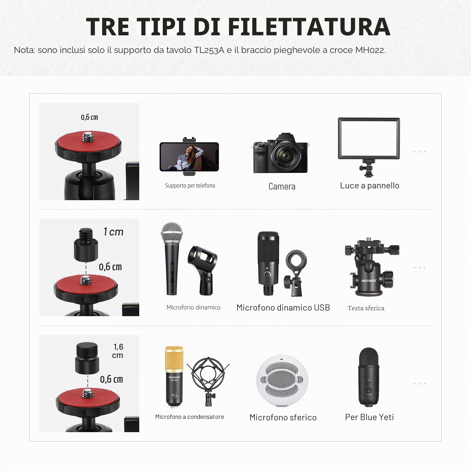 NEEWER Supporto Fotocamera da Alto Aggiornato+Braccio Fotocamera Ripieghevole(Max 2lb),1.2m Supporto Tavolo Telescopico (Max 8,8lb) con Portatelefono Testa Sfera per Luce LED Webcam Mic,TL253A+MH022