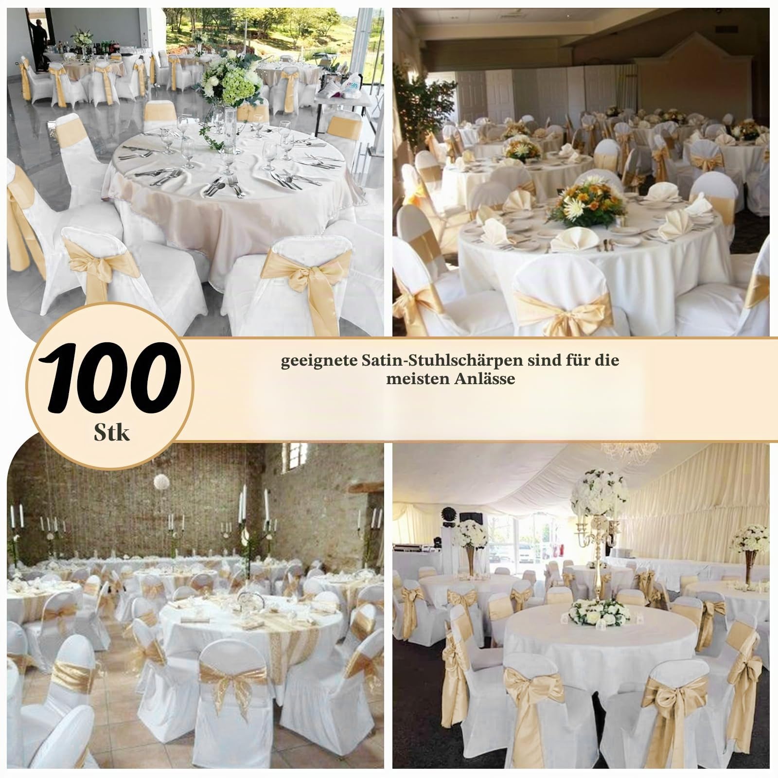 Pesonlook 100 Stück Champagner Gold Satin Stuhlschärpen Stuhl Dekorative Schleife Entworfene 17 x 275 cm Stuhlschärpen Schleife Krawattenband für Hochzeit Party Hoteldekoration (Champagner Gold)