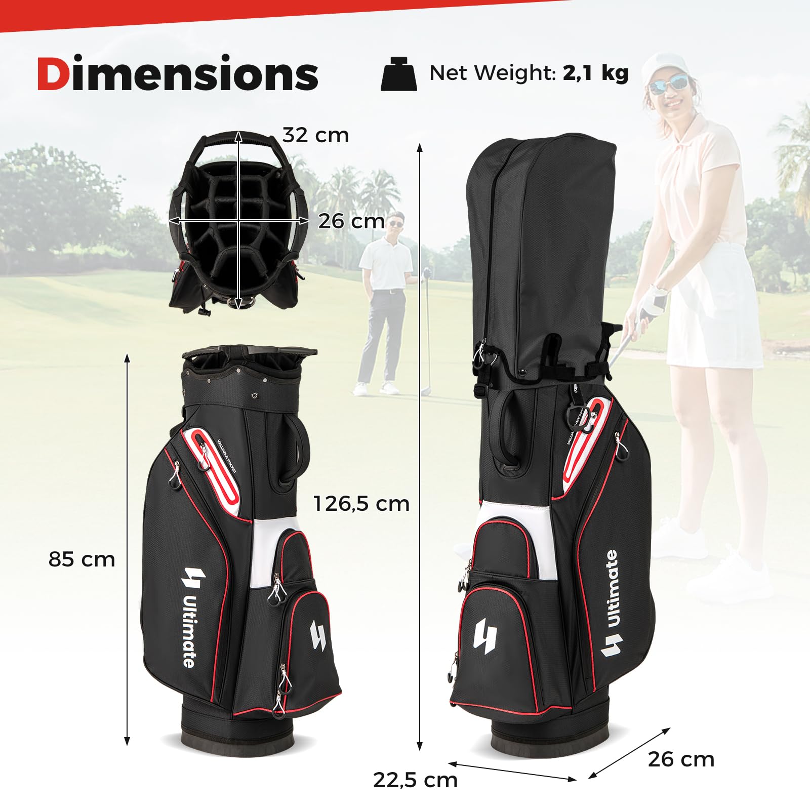 LIFEZEAL Golftasche, Golfbag tragbar mit 14 Fächern, 6 Taschen, Regenkapuze & Griffen, Golfwagentasche mit verstellbarem Schultergurt, Golf Cart Bag für Männer, Frauen