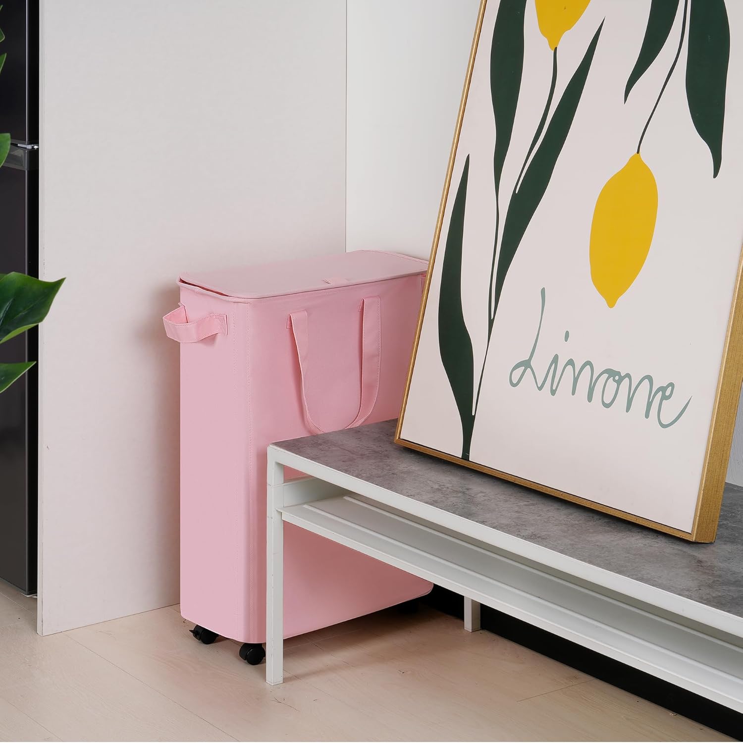 Slim Laundry Hamper with Lid and Wheels, Small Rolling Laundry Basket with Handle for Small Spaces, Tall Dirty Clothes Hampers for Dorm, Bathroom and Bedroom, 55L, Pink